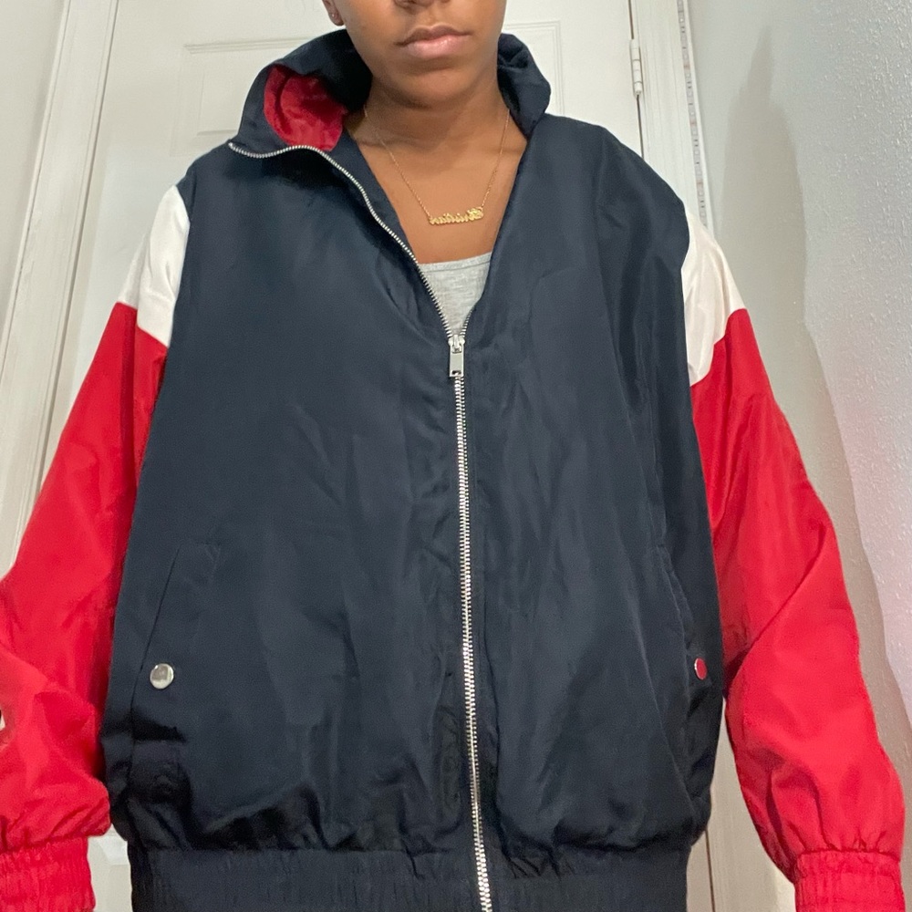 Red white and navy bomber jacket